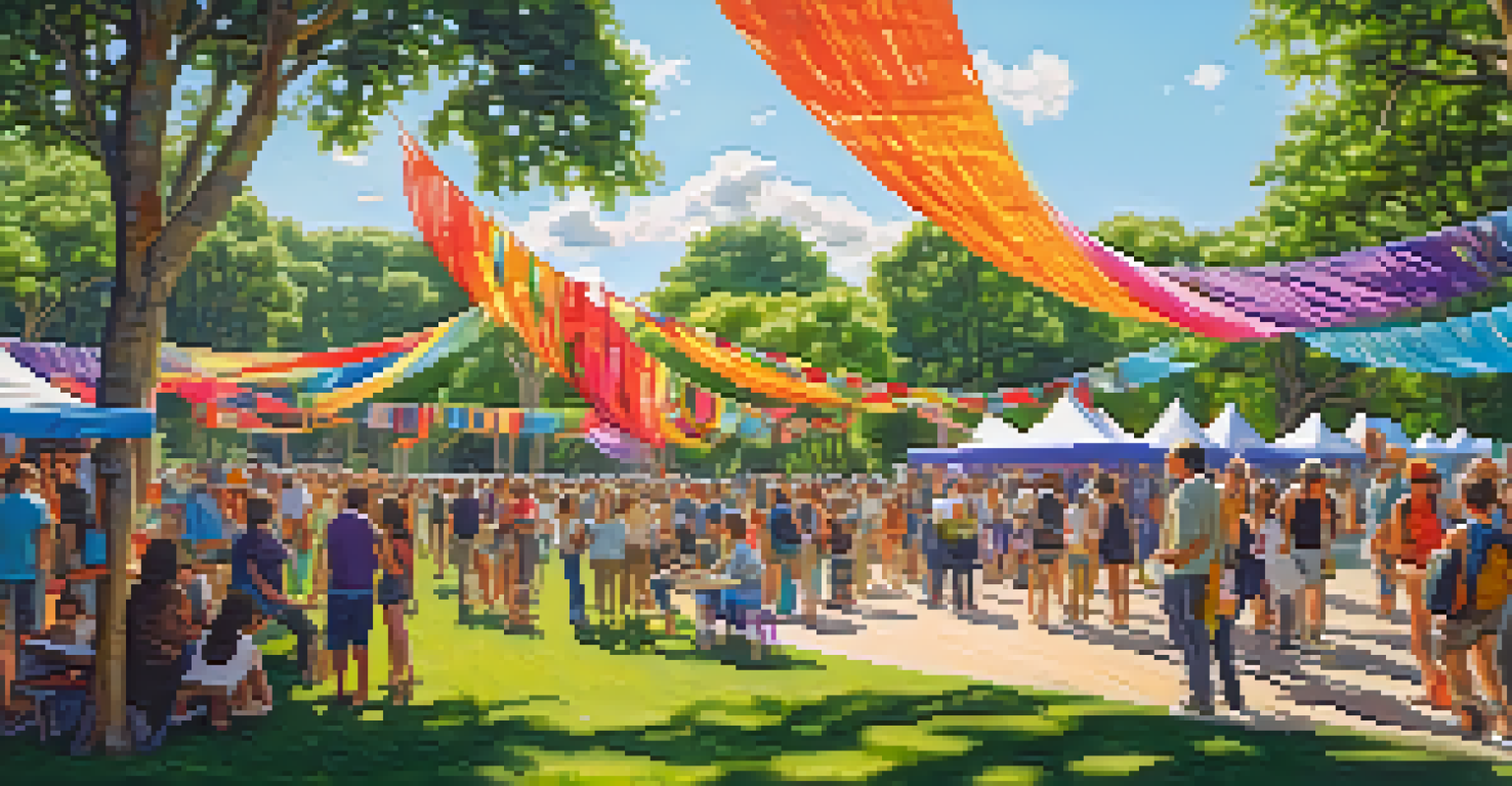 An outdoor art festival with artists showcasing sculptures that blend traditional carving and modern materials, surrounded by greenery and colorful banners.