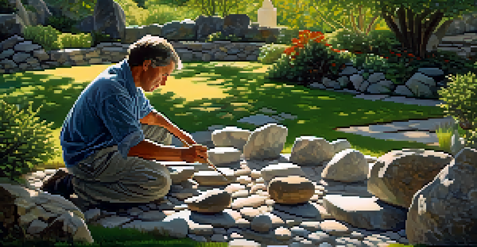 An artist sculpting with natural stone in a garden, surrounded by greenery and stone pieces, with sunlight creating shadows.