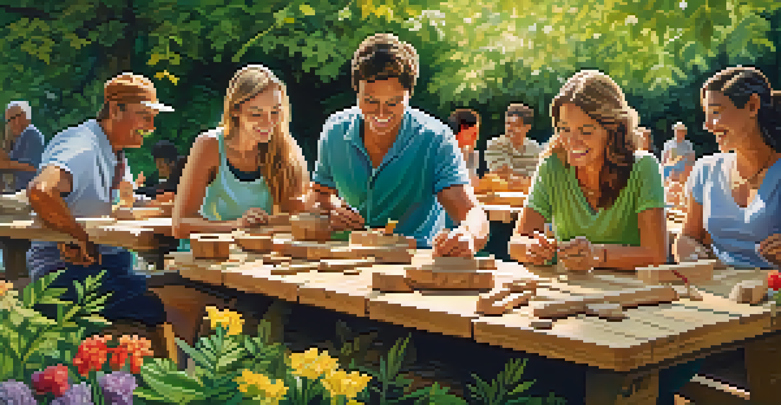 Group therapy session in an outdoor setting, individuals carving wood figures at picnic tables surrounded by greenery.