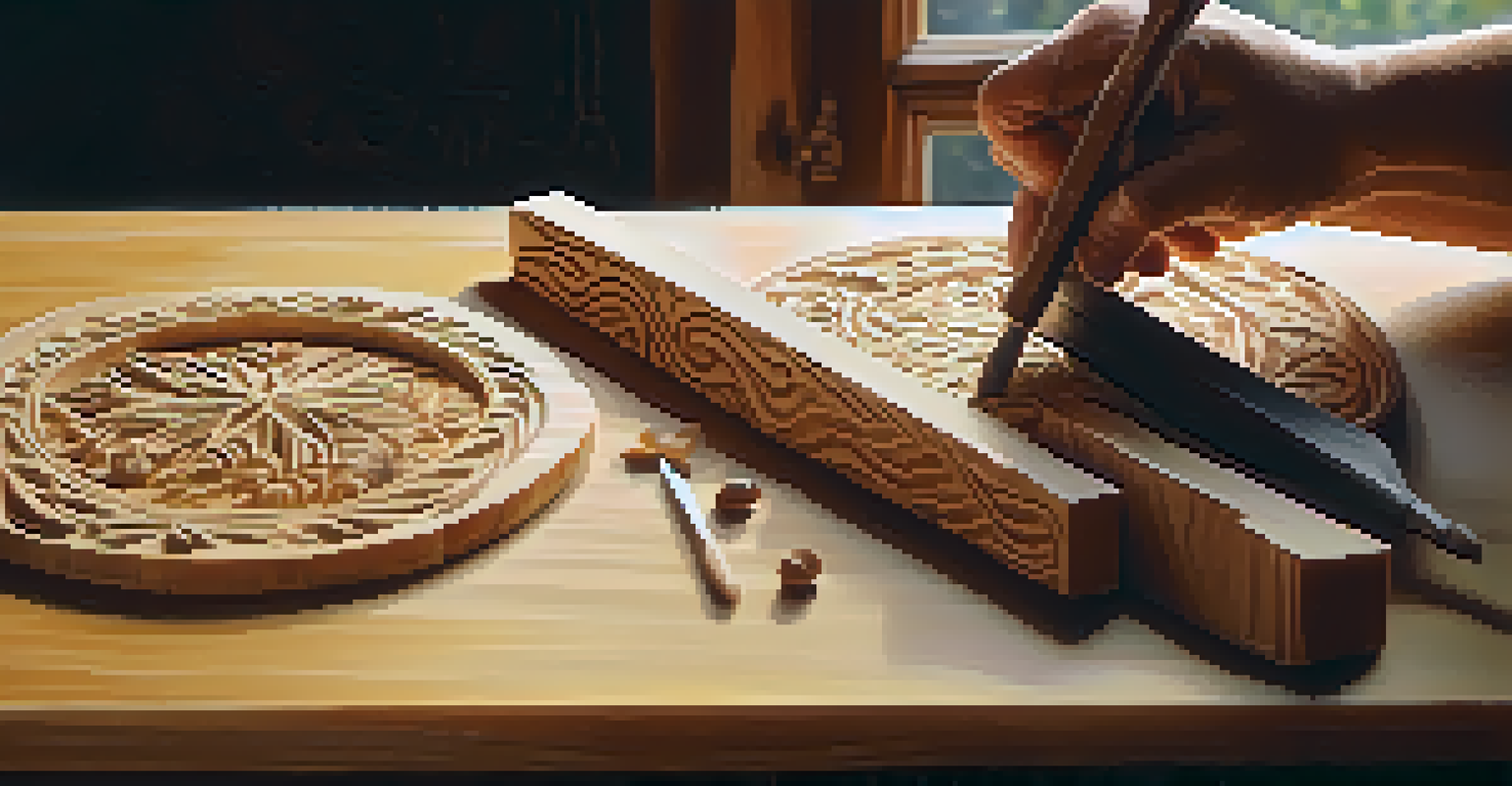 Close-up of hands carving wood, highlighting the tools and intricate details of the carving, with warm sunlight creating a cozy ambiance.