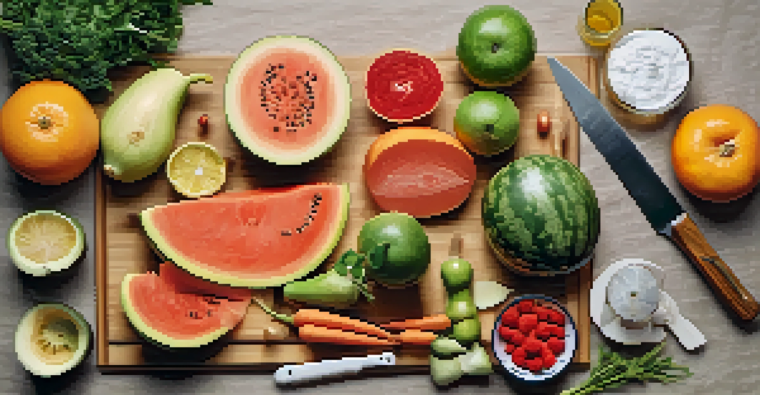 An overhead view of a kitchen workspace with food carving tools, including knives and fresh fruits and vegetables on a cutting board.