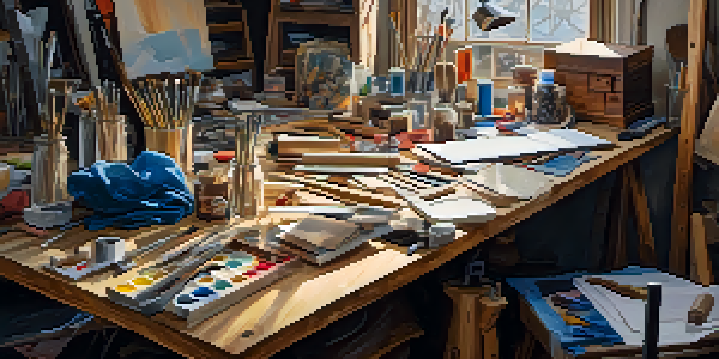 A vibrant artist's workspace featuring wood, metal, and fabric materials for carving, with tools and creative clutter under warm lighting.
