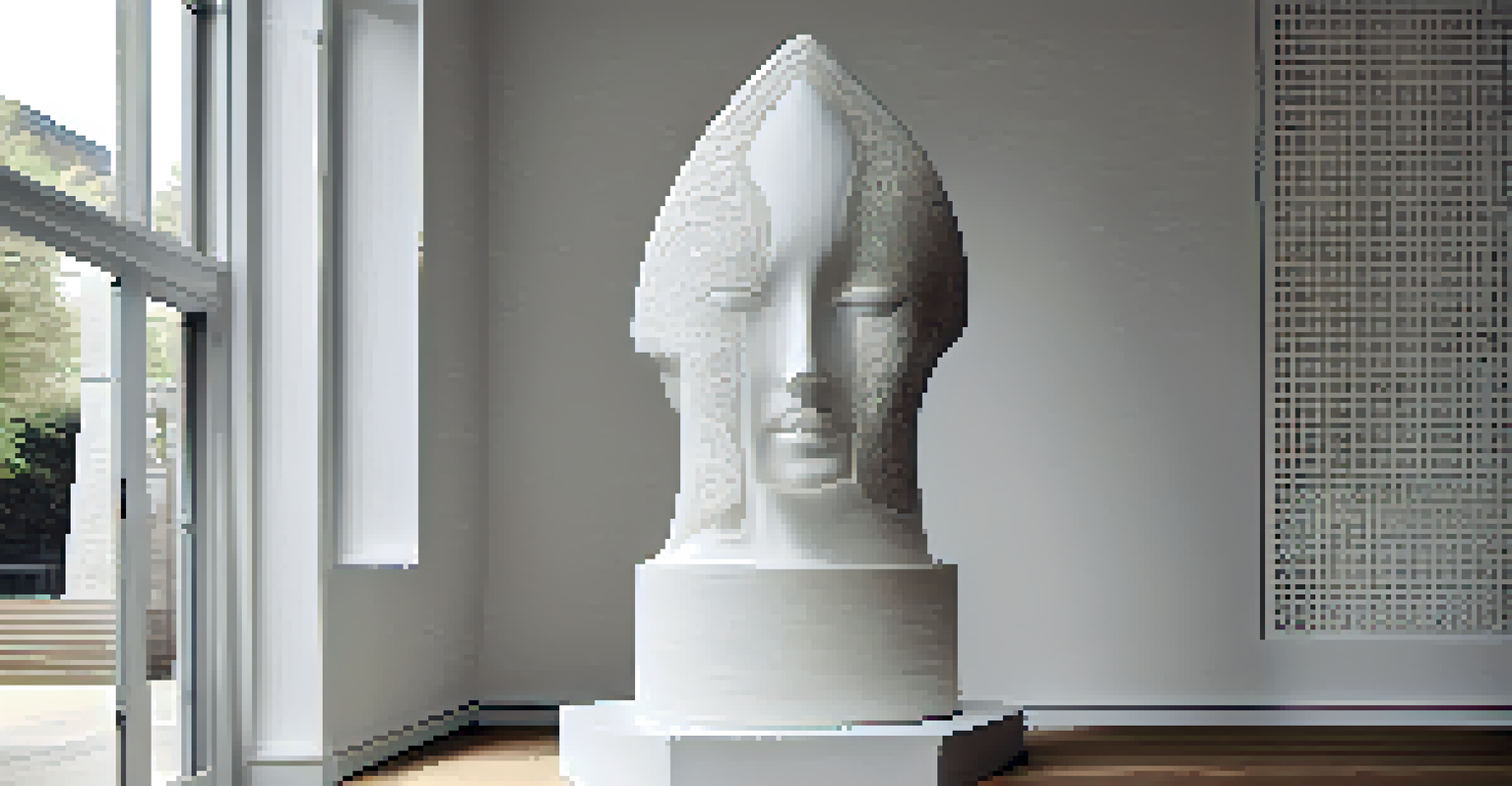 A modern abstract sculpture showcasing intricate carving patterns in a minimalist gallery.