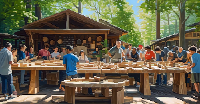 A community workshop with people of different ages carving wood in a bright outdoor setting surrounded by trees.