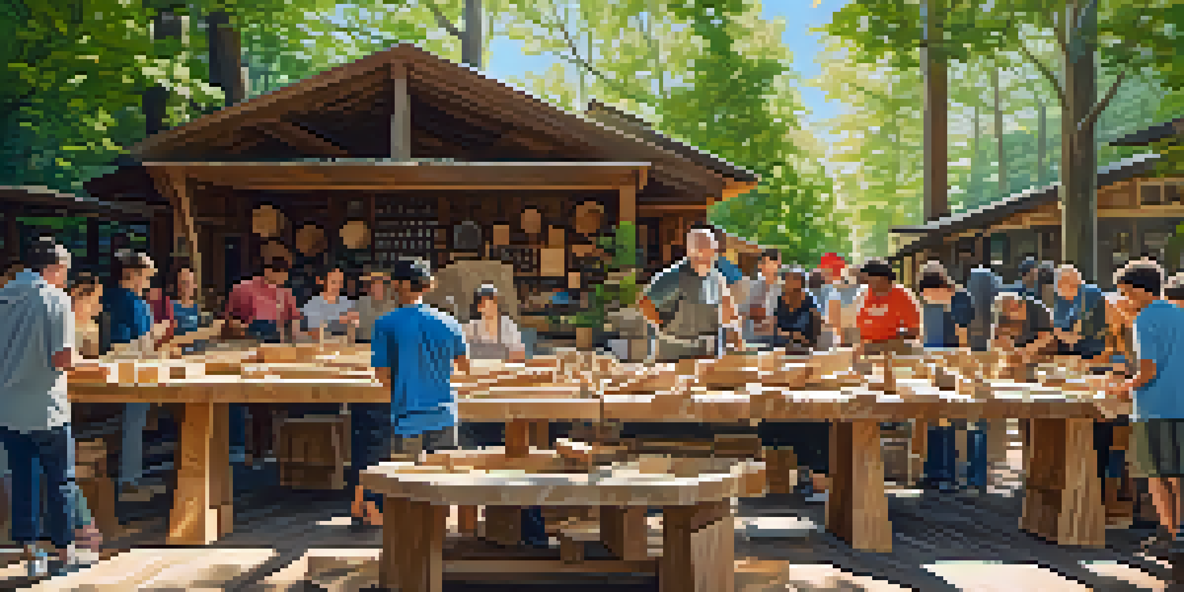 A community workshop with people of different ages carving wood in a bright outdoor setting surrounded by trees.
