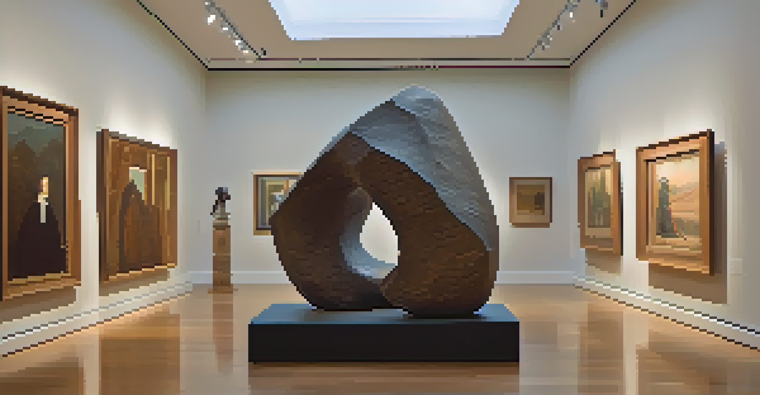 Gallery space featuring a large stone sculpture illuminated by soft lighting, with visitors admiring the artwork.