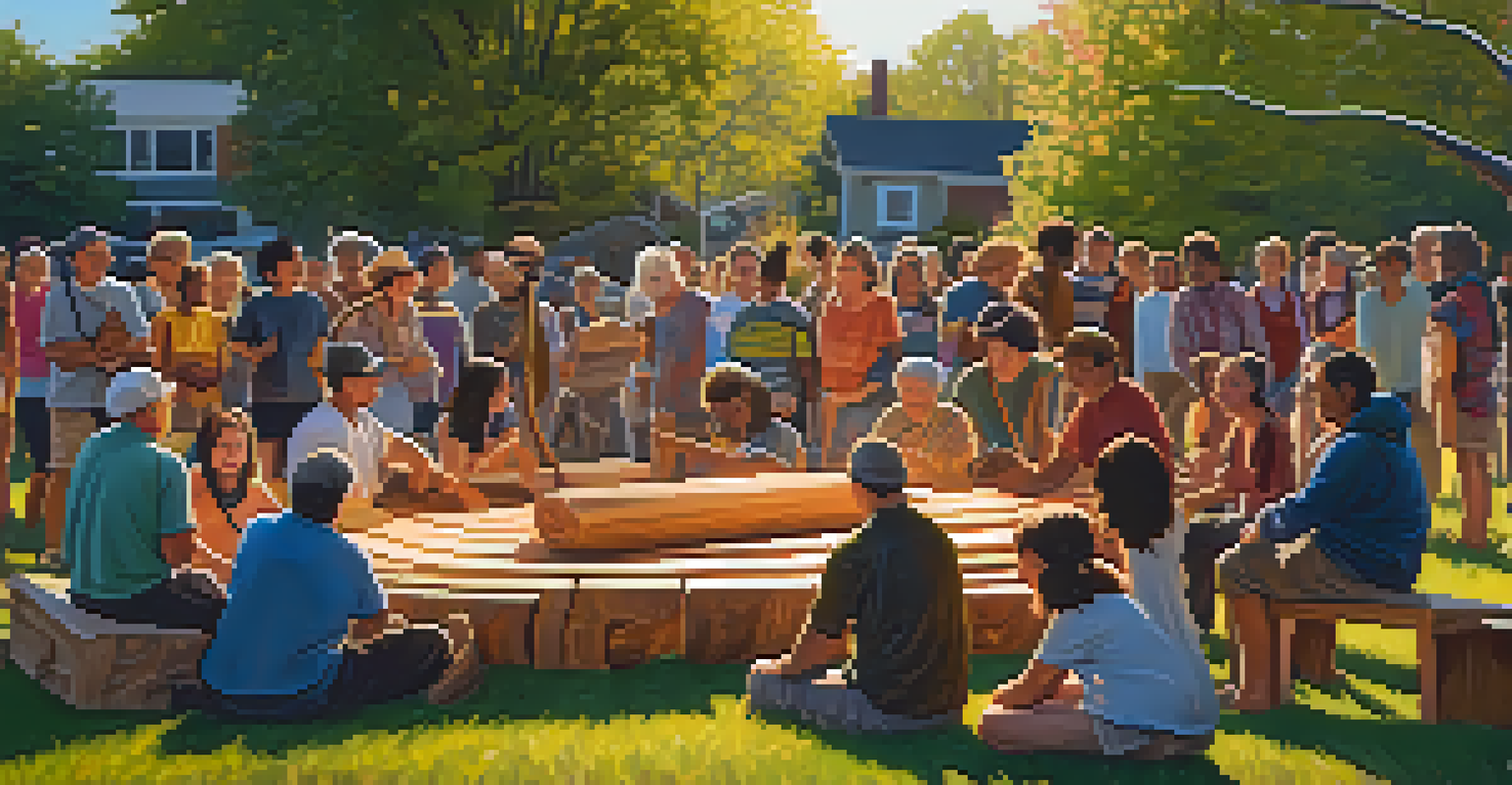 A community event with diverse artists collaborating on a large wooden sculpture outdoors.