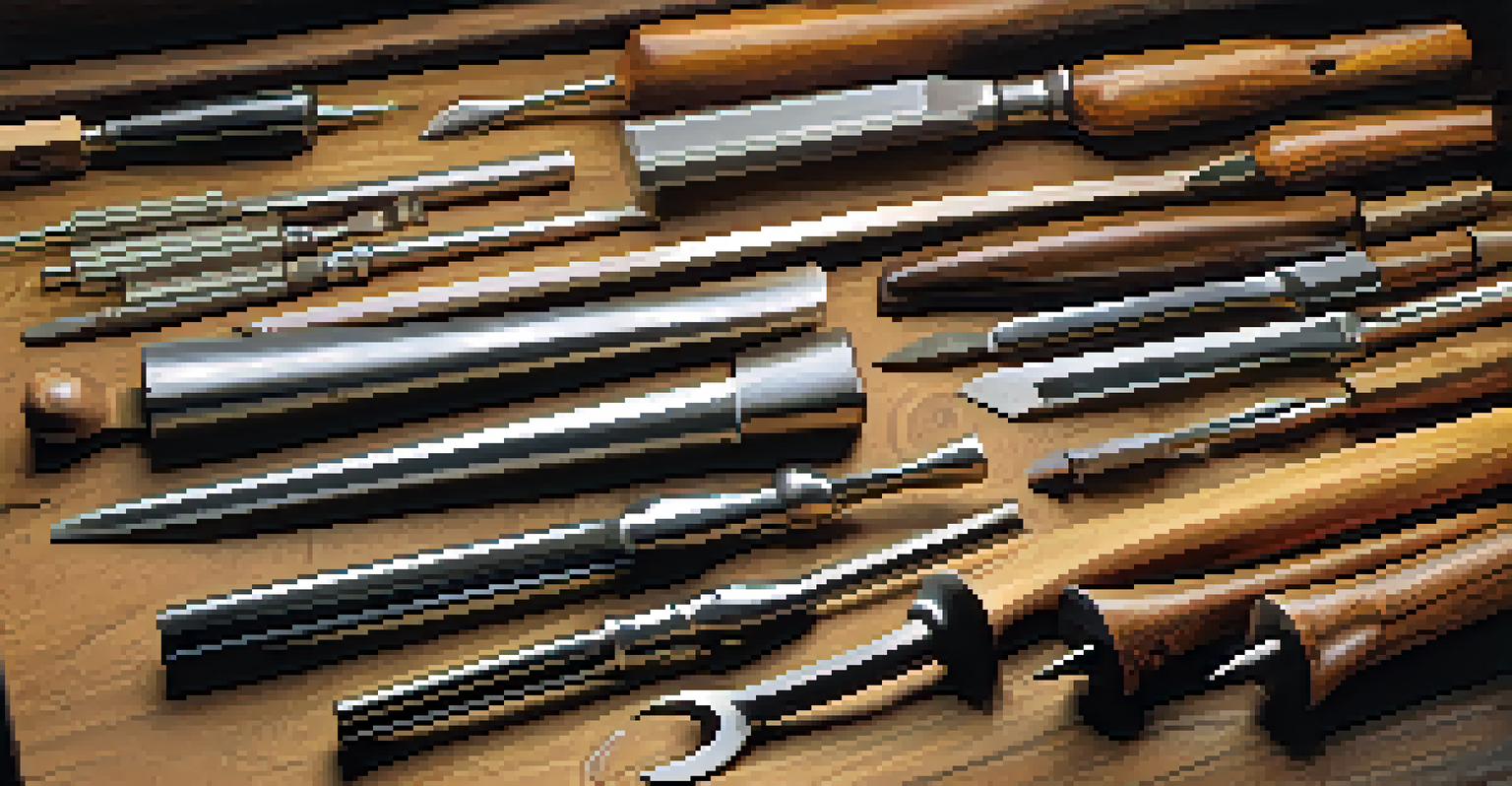 A collection of carving gouges and chisels neatly arranged on a rustic wooden table, labeled by size and use, under soft overhead lighting.