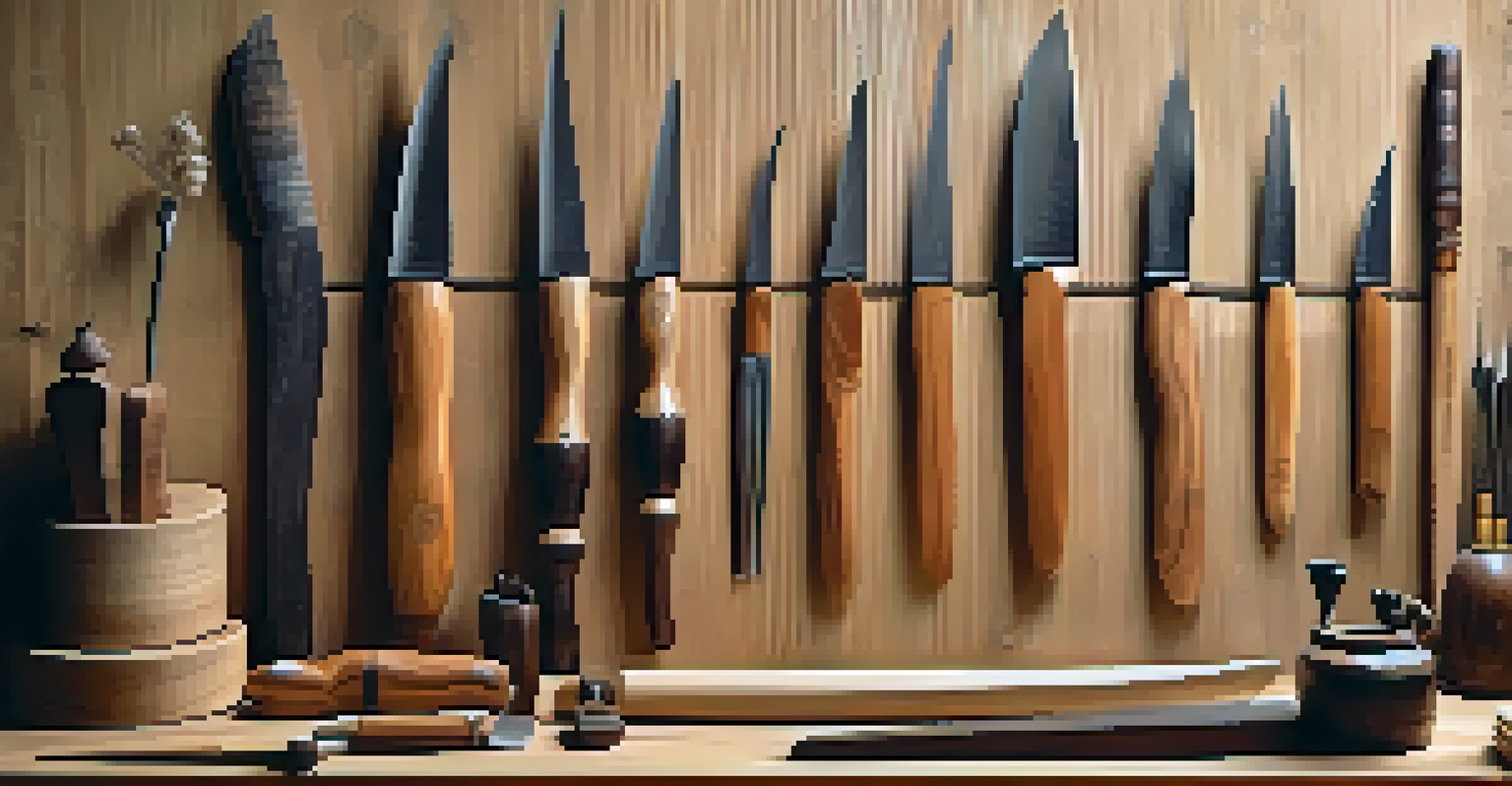A collection of traditional Japanese wood carving tools arranged on a wooden table, illuminated by soft natural light.