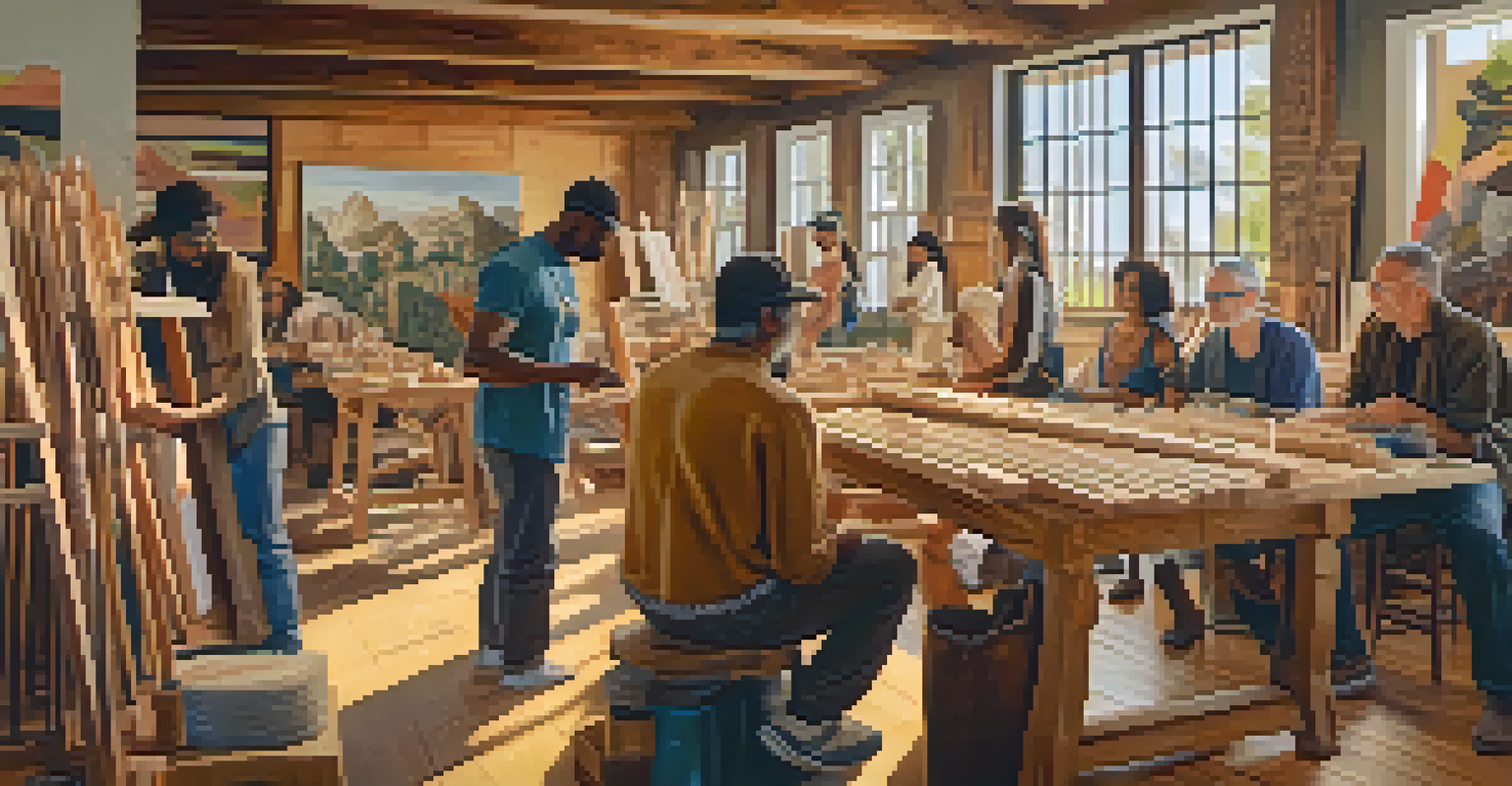 A diverse group of artists in a workshop discussing sustainable carving practices, surrounded by artwork and materials.