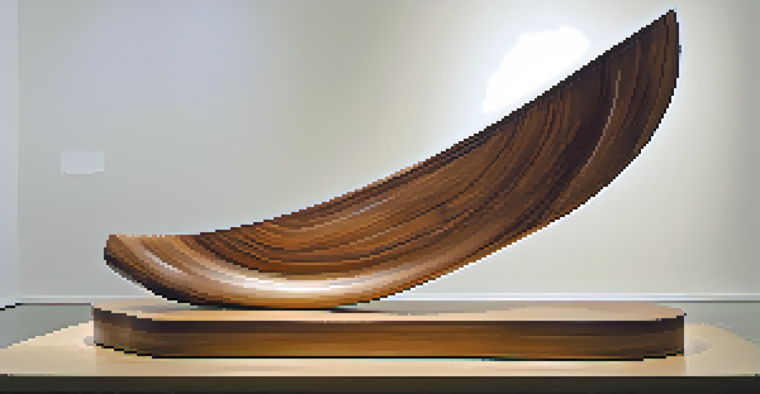An abstract contemporary wooden sculpture in an art gallery, showcasing a mix of polished and rough textures.