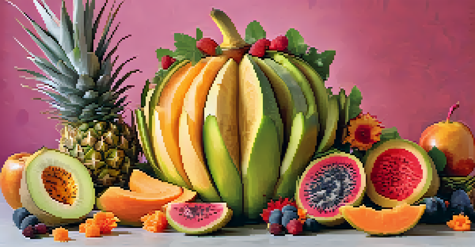 A tropical fruit arrangement with a cantaloupe flower and various vibrant fruits, set against a bright backdrop with edible flowers.