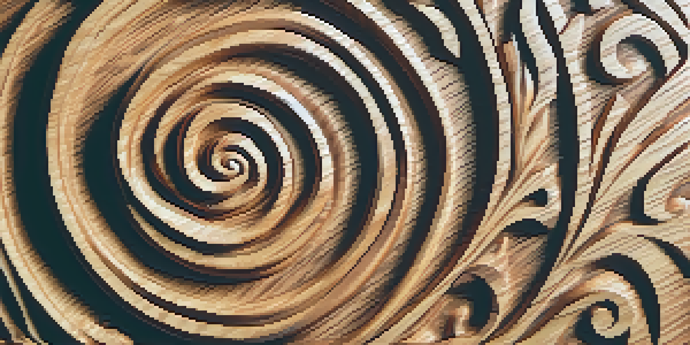 A detailed wooden carving of a spiral symbol with natural lighting and a blurred background.