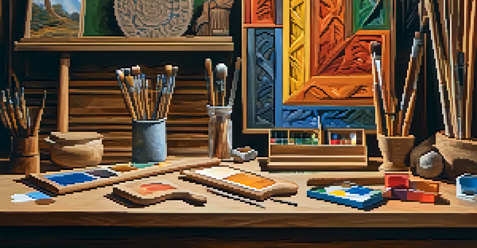 An artist's workspace with carved wooden pieces and a color wheel in the background, showcasing intricate details and textures.