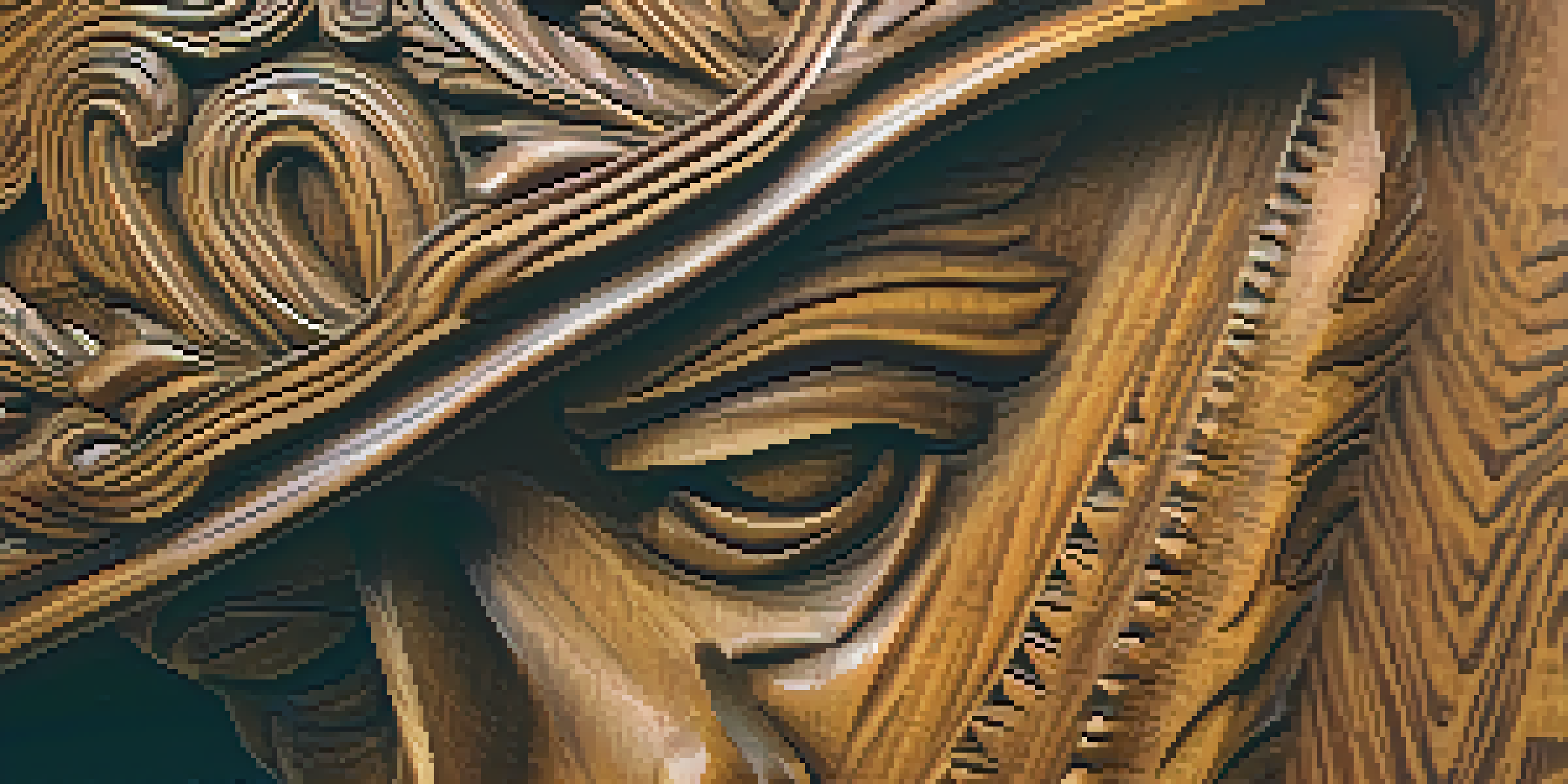 A close-up of a finely carved wooden statue with detailed textures and warm lighting, set against a blurred background.