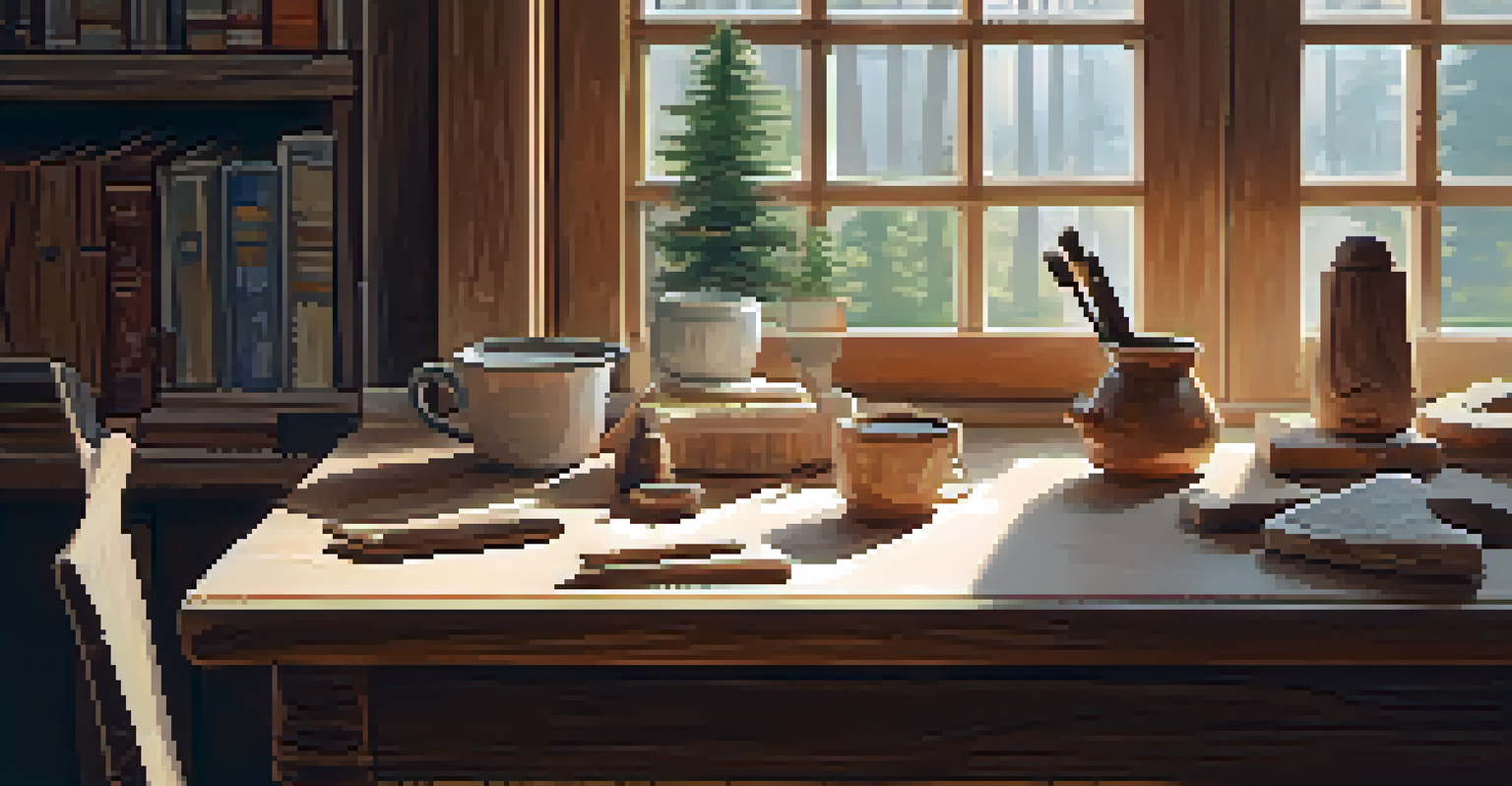 A cozy indoor workspace for whittling with tools, wood, and a cup of tea.