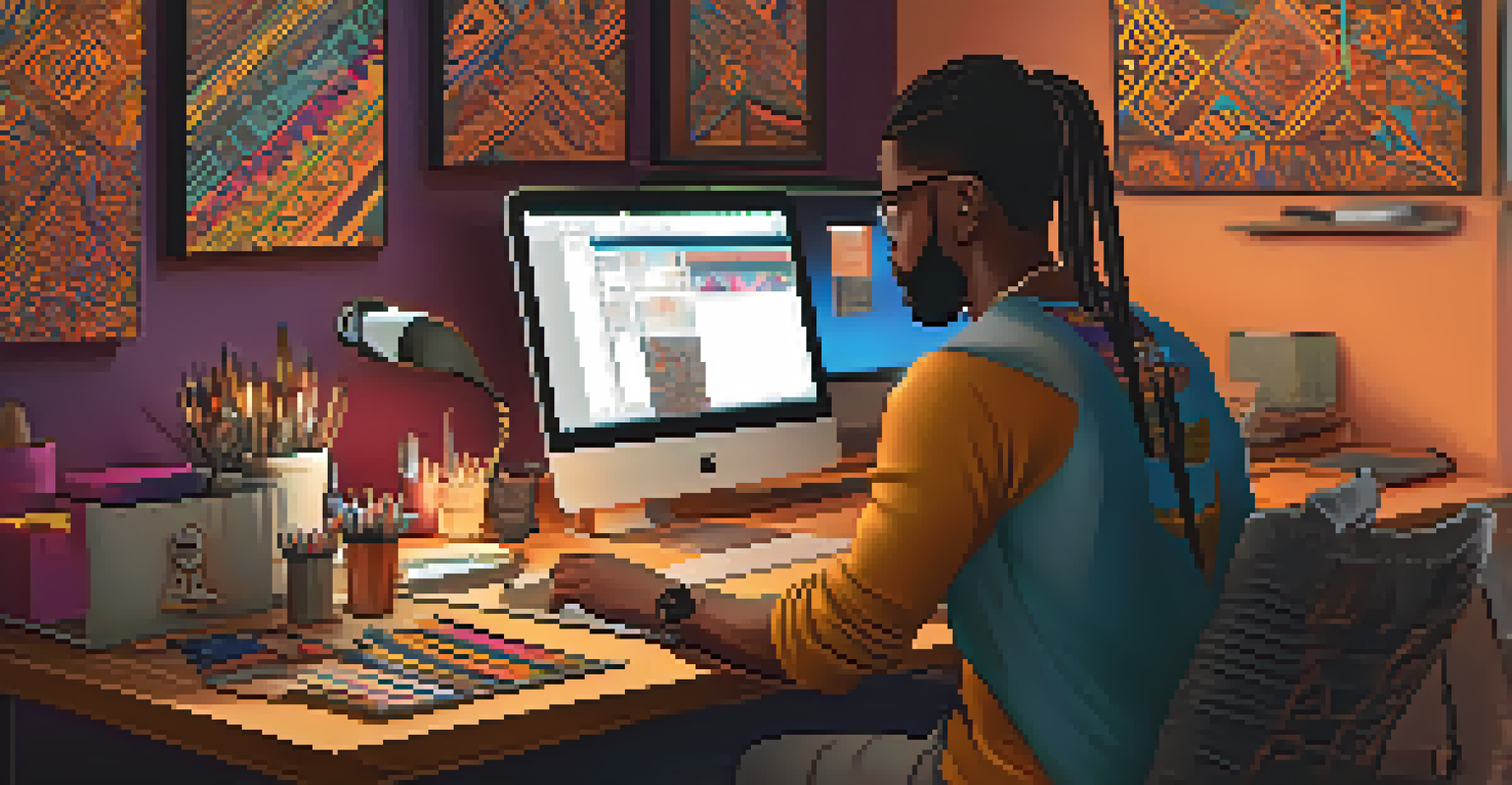 A graphic designer working on a logo at a computer, surrounded by colorful sketches and materials, with warm lighting.