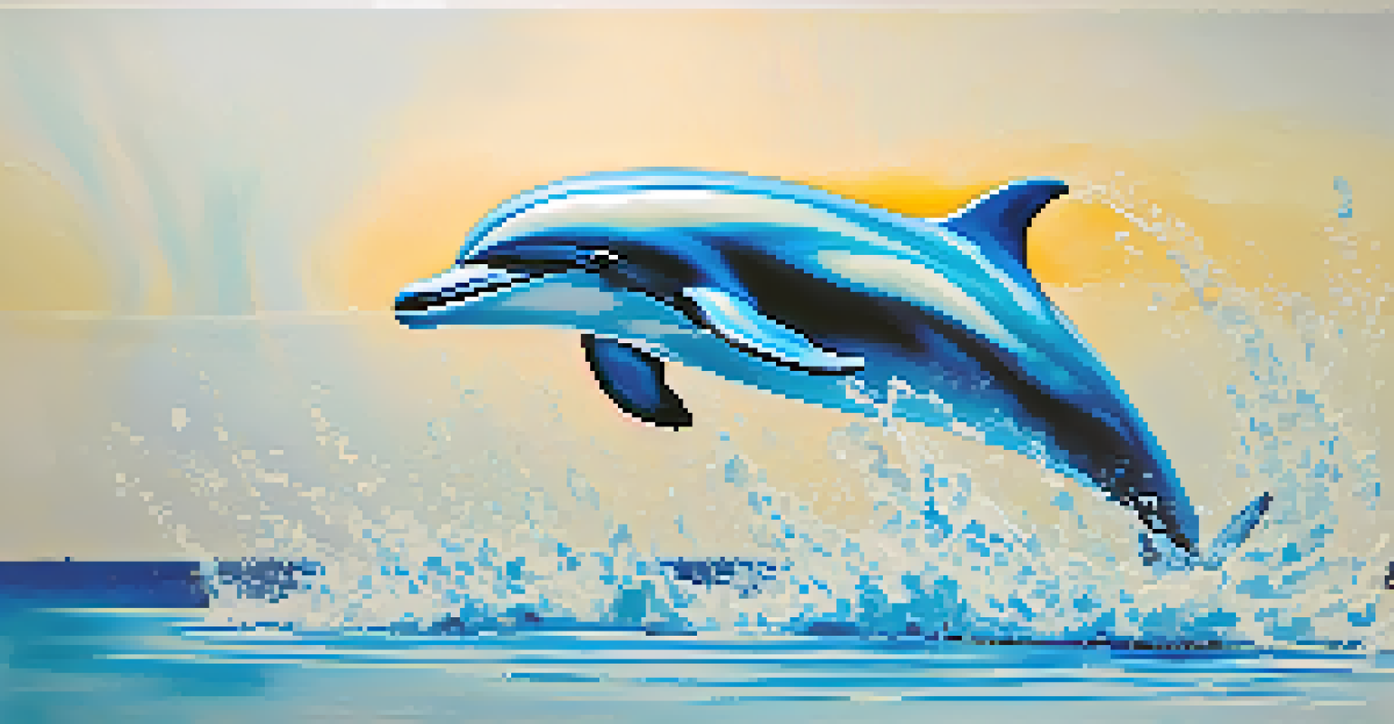 A playful dolphin sculpture made from layered synthetic materials, depicted jumping out of water with vibrant colors.