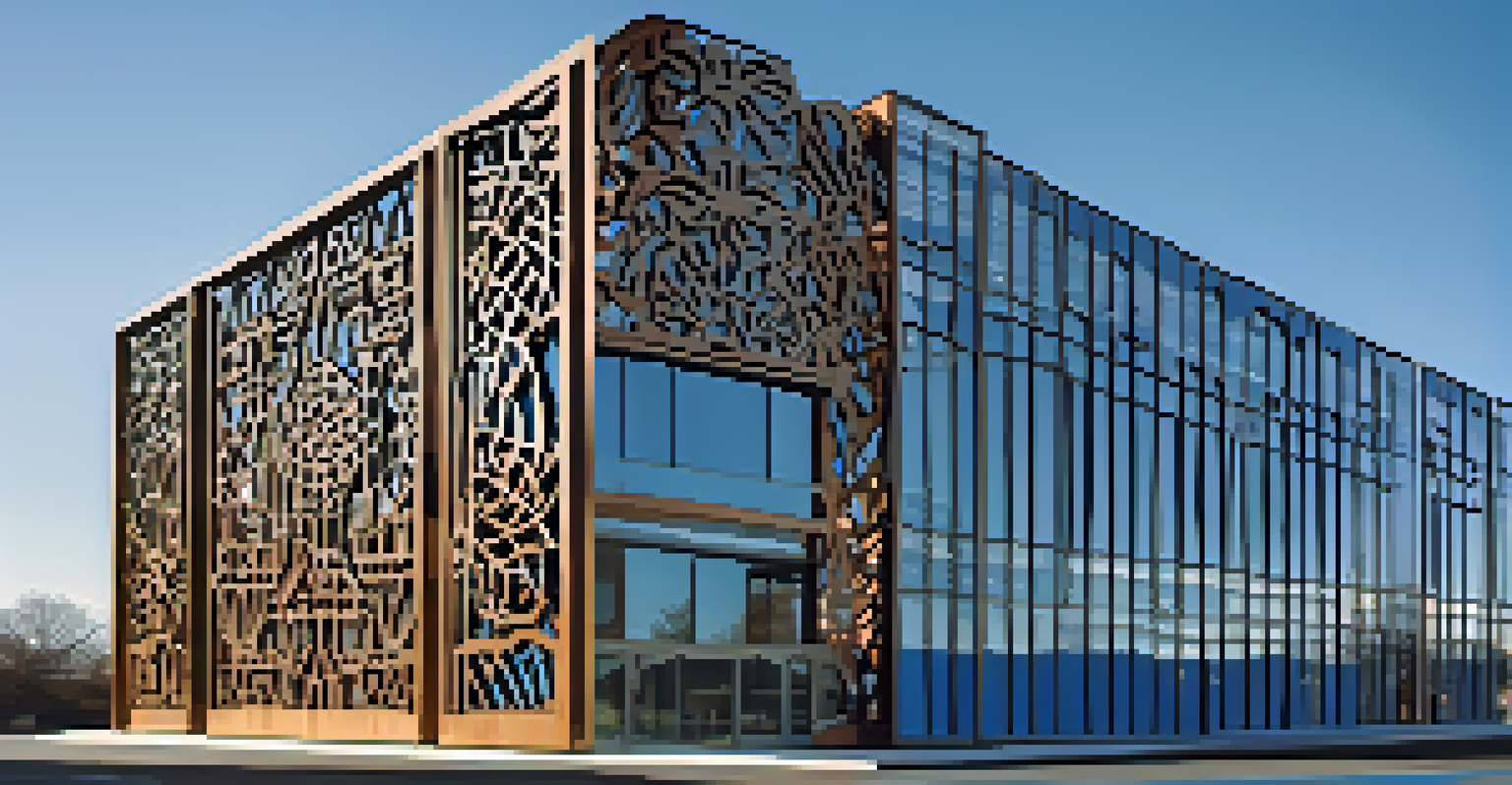 A modern building with laser-cut metal panels resembling traditional carvings, against a blue sky with dynamic shadows on the ground.