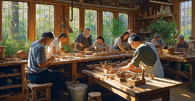 A wood carving workshop with artists working on their projects, illuminated by warm light. Various tools and sculptures are visible on the table, with plants seen through the windows.
