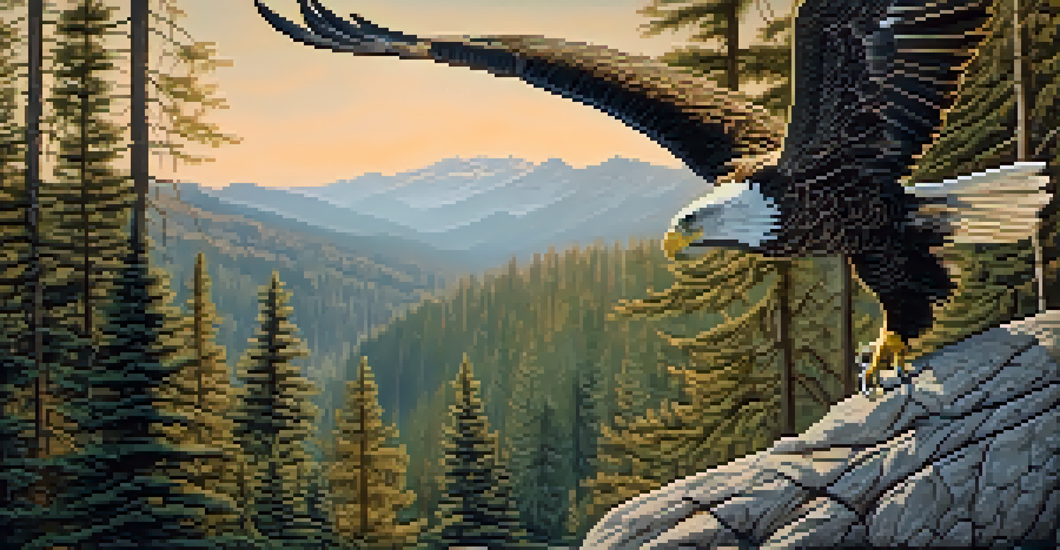 A detailed stone carving of an eagle flying over a forest, surrounded by natural scenery.