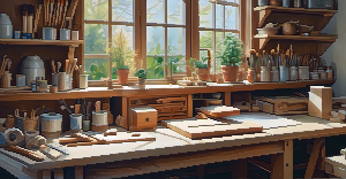 A cozy workshop with a wooden carving station filled with tools and unfinished wood pieces, illuminated by warm natural light.