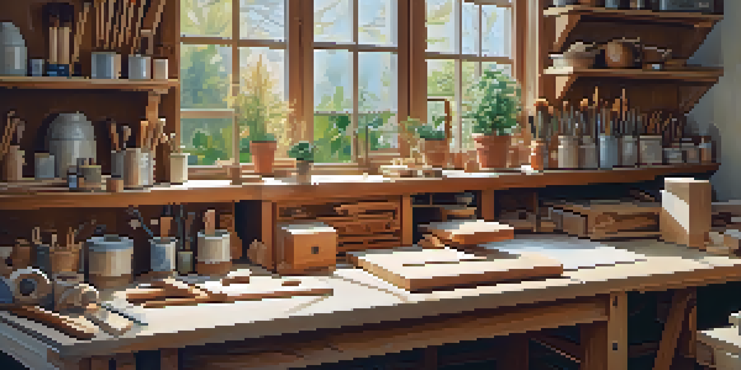 A cozy workshop with a wooden carving station filled with tools and unfinished wood pieces, illuminated by warm natural light.