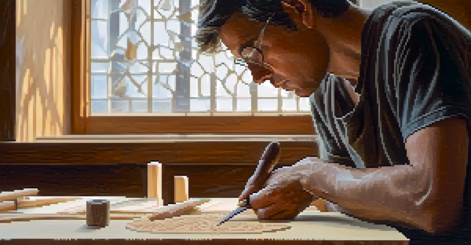 An artist carving wood with a knife, showcasing the intricate textures and the focused atmosphere of the workspace.