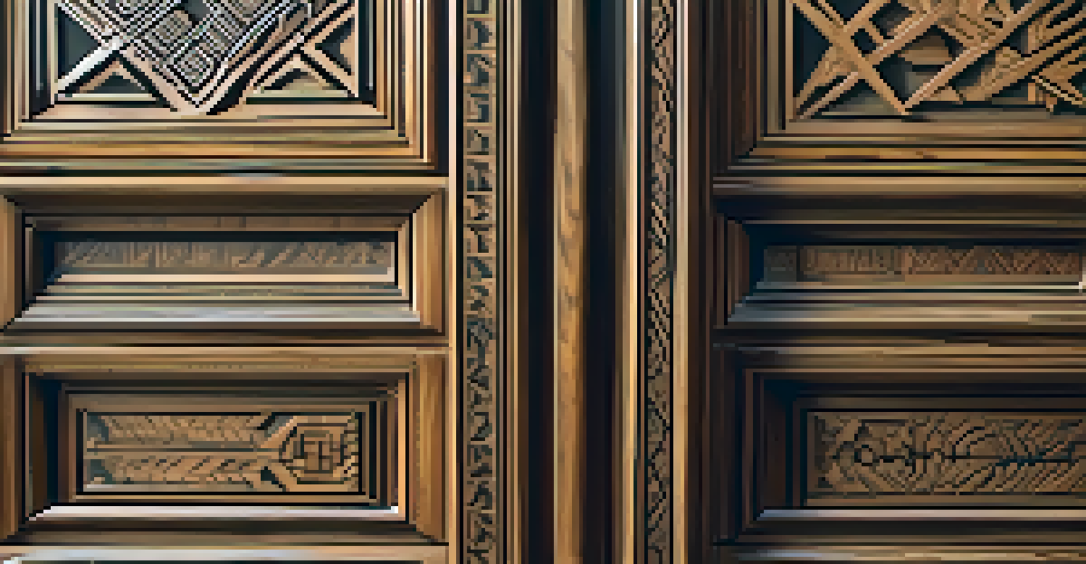 Close-up of a wooden cabinet with geometric carvings and warm wood grain.
