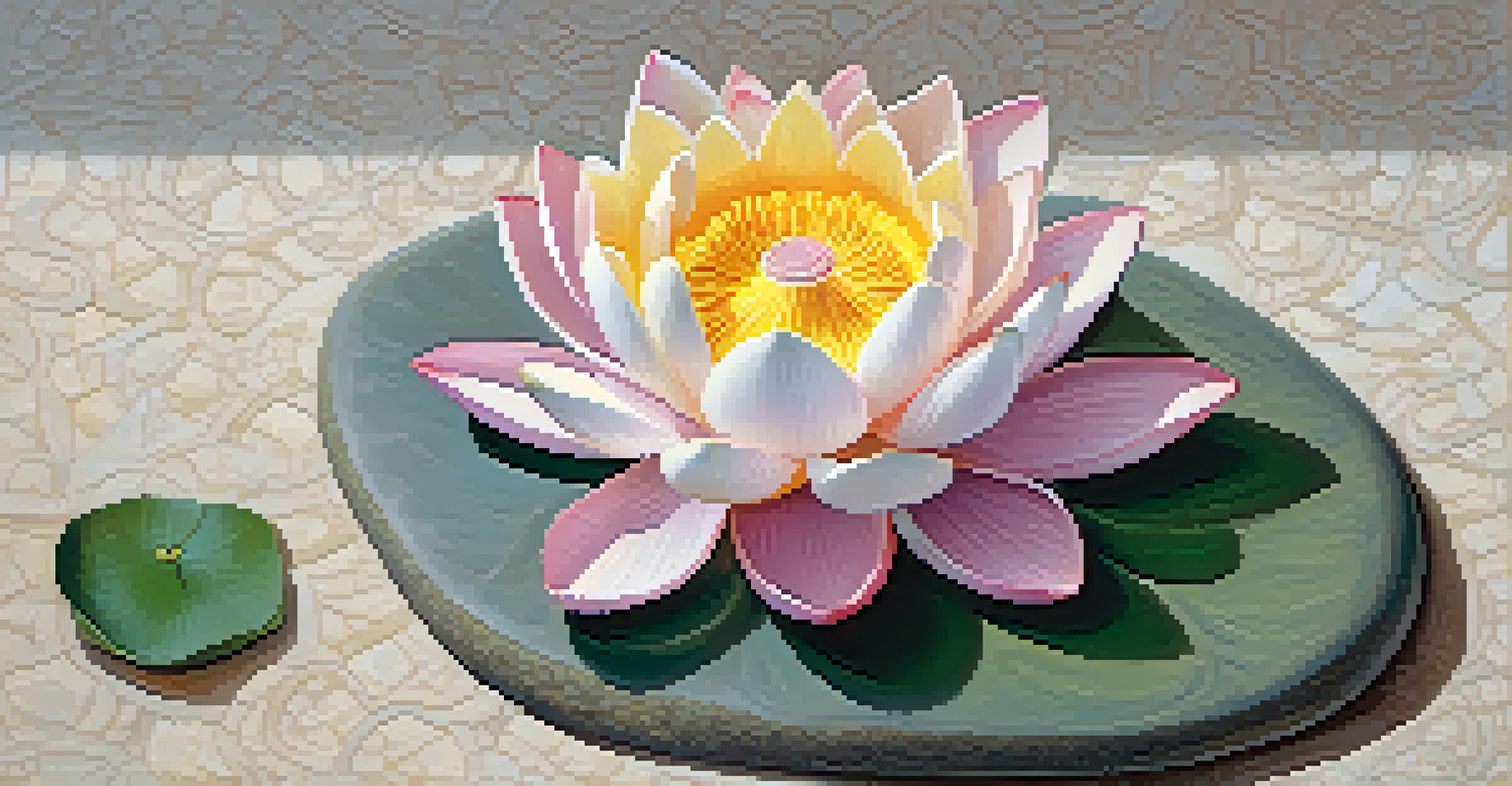 An intricately carved stone sculpture of a lotus flower on a smooth surface, illuminated by soft natural light.