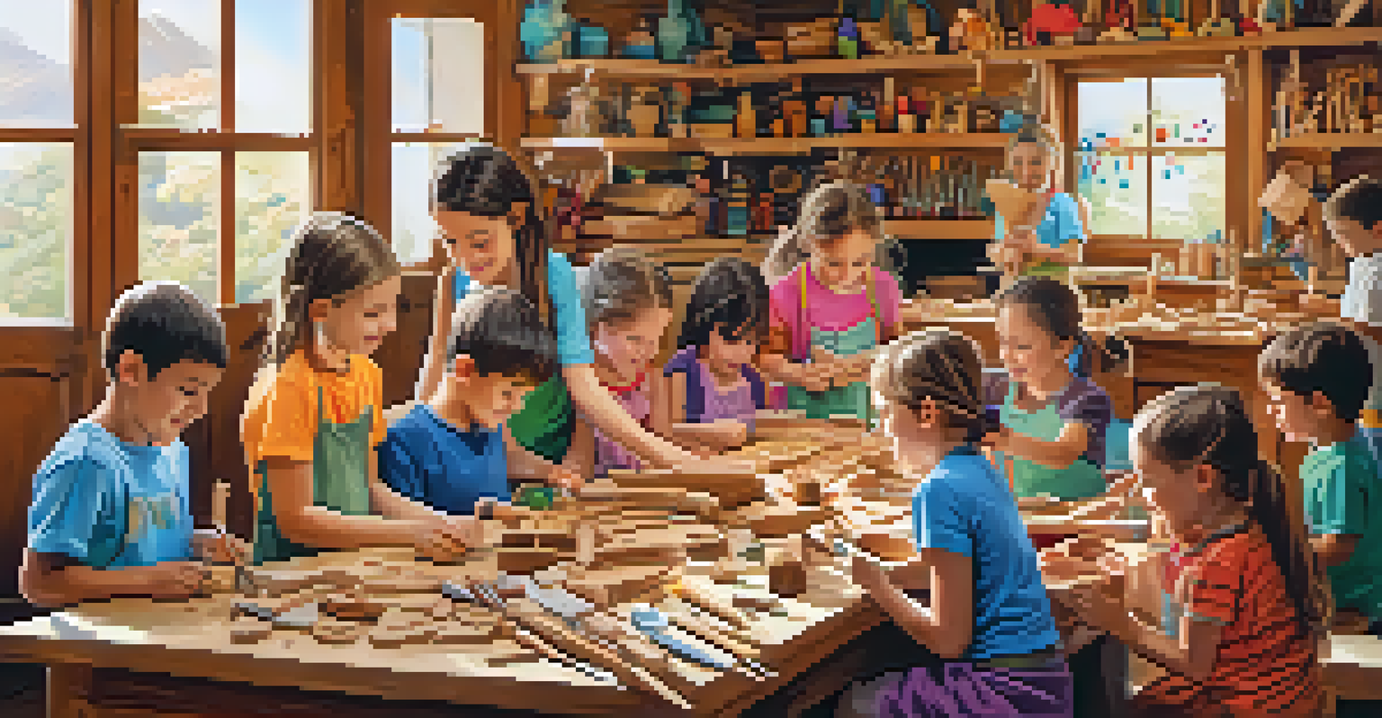 Children enjoying a wood carving workshop, working on various projects at a table filled with colorful wood and tools.