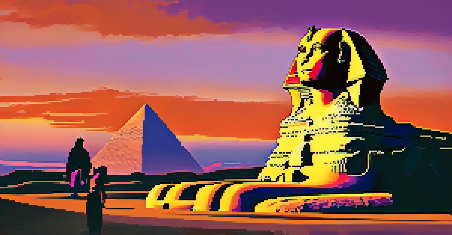 The Great Sphinx of Giza at sunset, with vibrant sky colors reflecting off the stone, and tourists exploring the site in the foreground.