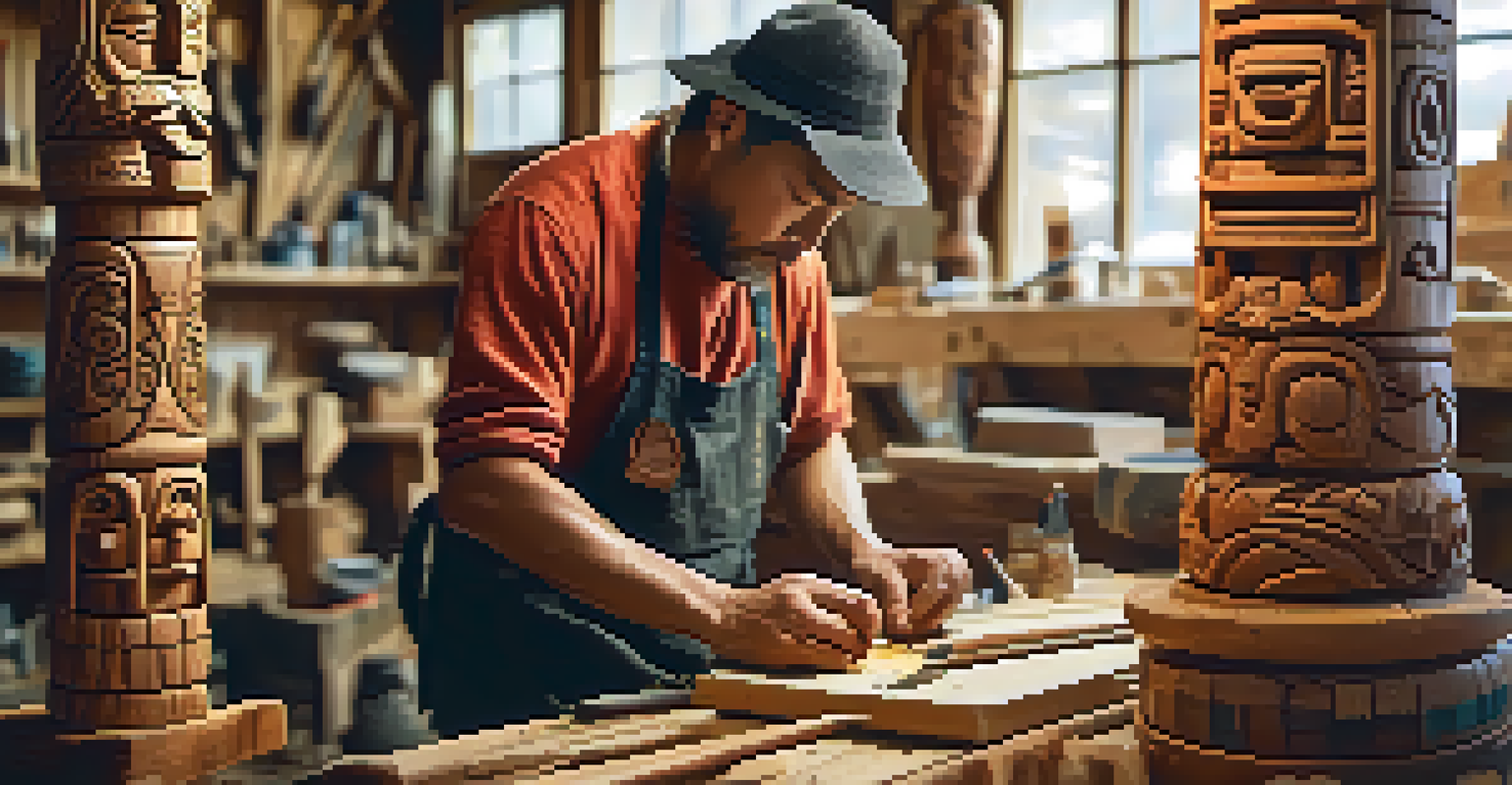 An artisan carving a wooden totem pole in a workshop, surrounded by tools and intricate designs.