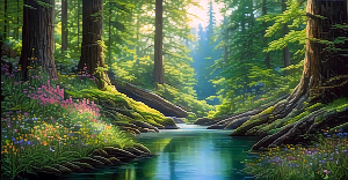 A magical forest with detailed carved trees, sunlight filtering through leaves, and a river reflecting nature.