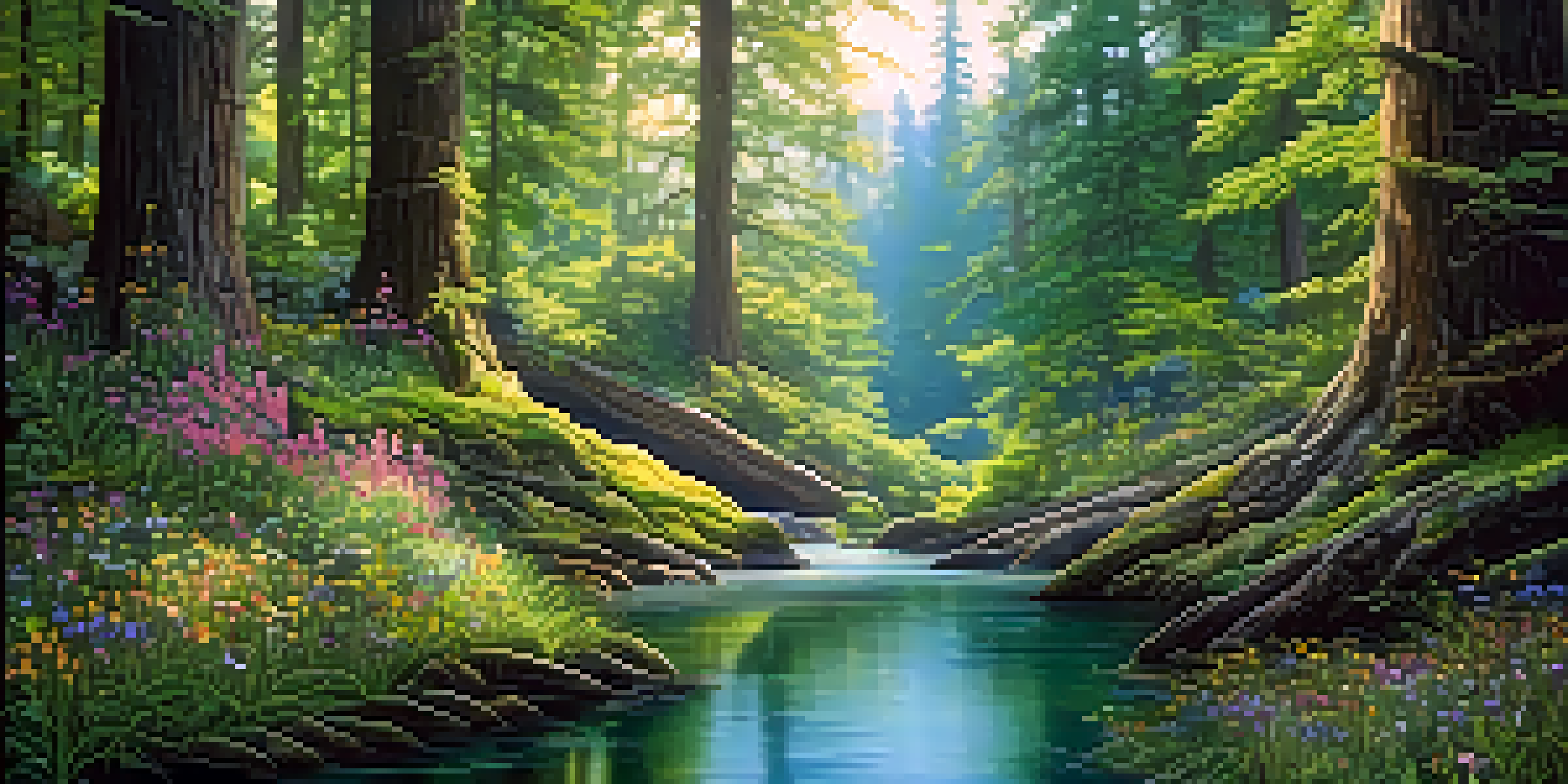 A magical forest with detailed carved trees, sunlight filtering through leaves, and a river reflecting nature.