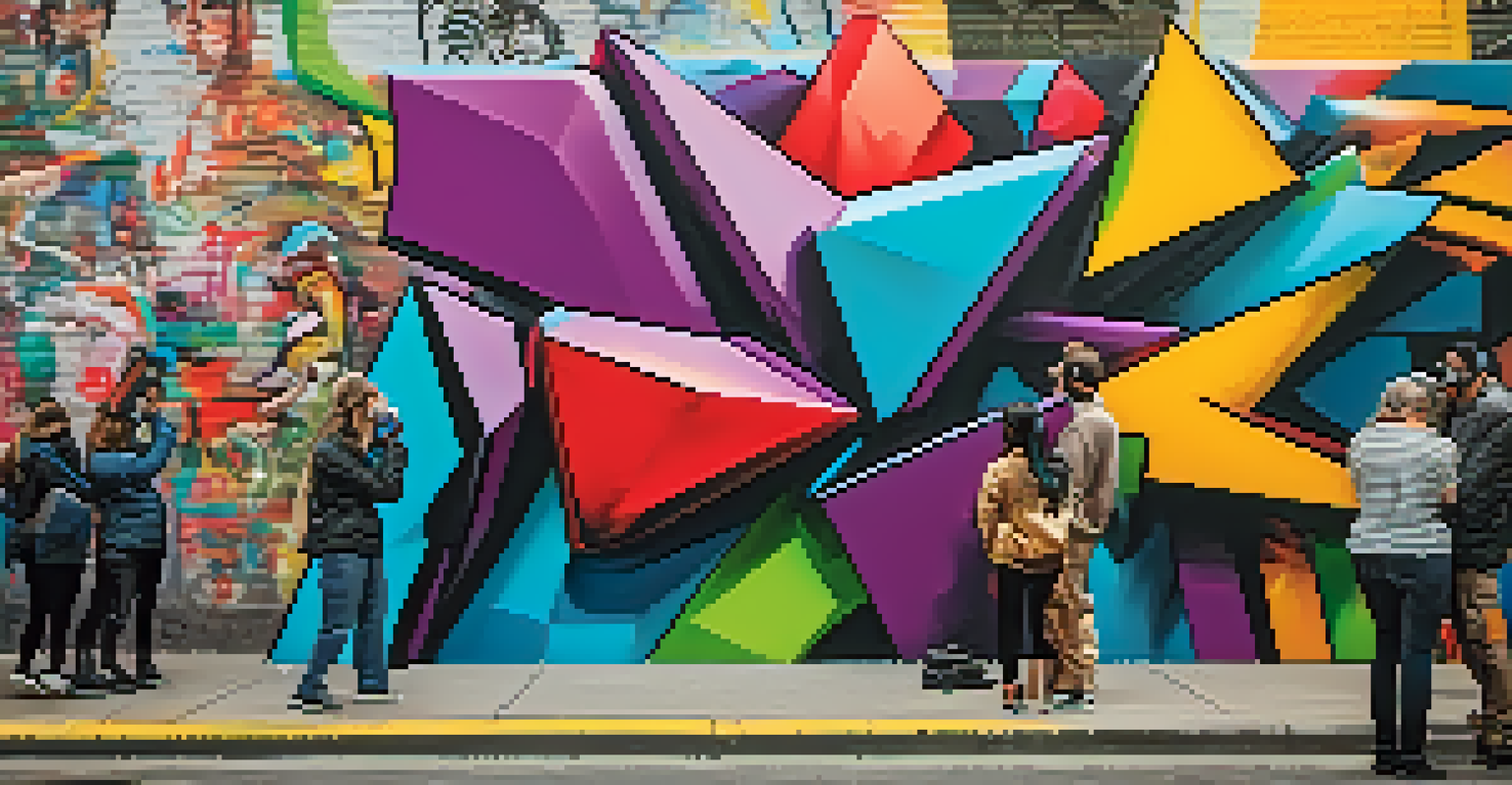 A vibrant street art-inspired sculpture against a graffiti-covered wall in an urban setting, with people admiring the artwork.