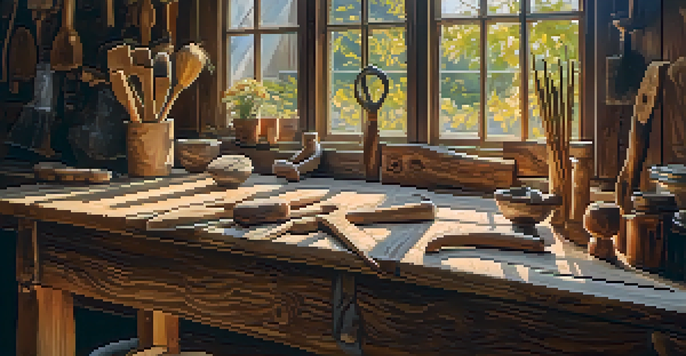 An artisan in a workshop carving patterns into reclaimed wood, with tools and wood shavings visible.