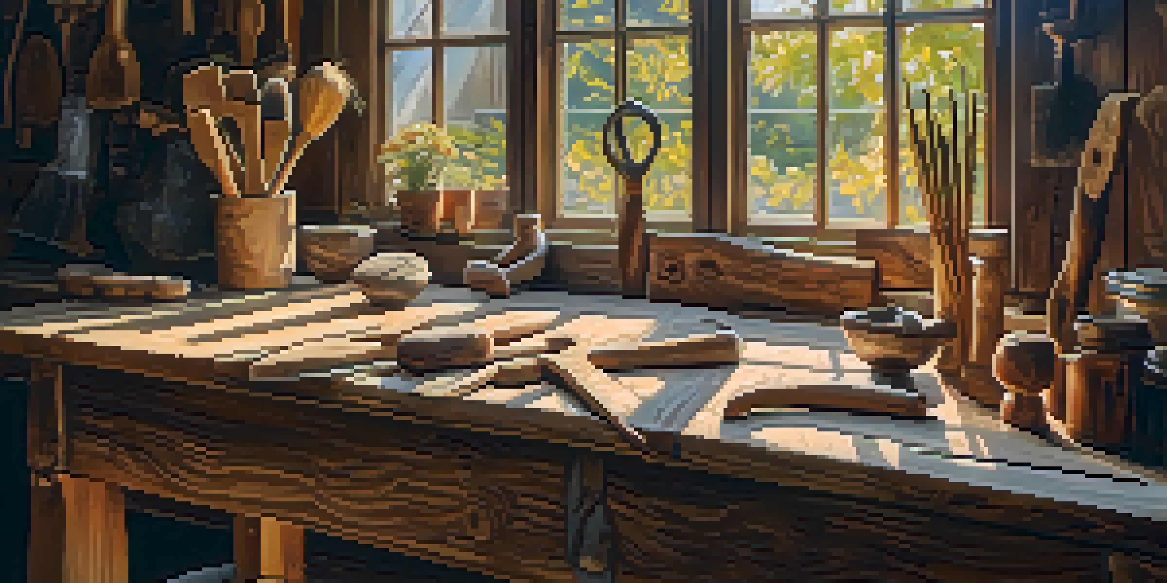 An artisan in a workshop carving patterns into reclaimed wood, with tools and wood shavings visible.