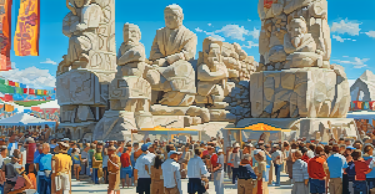 Artists carving large stone sculptures at an outdoor festival, with a crowd watching and colorful banners in the background.