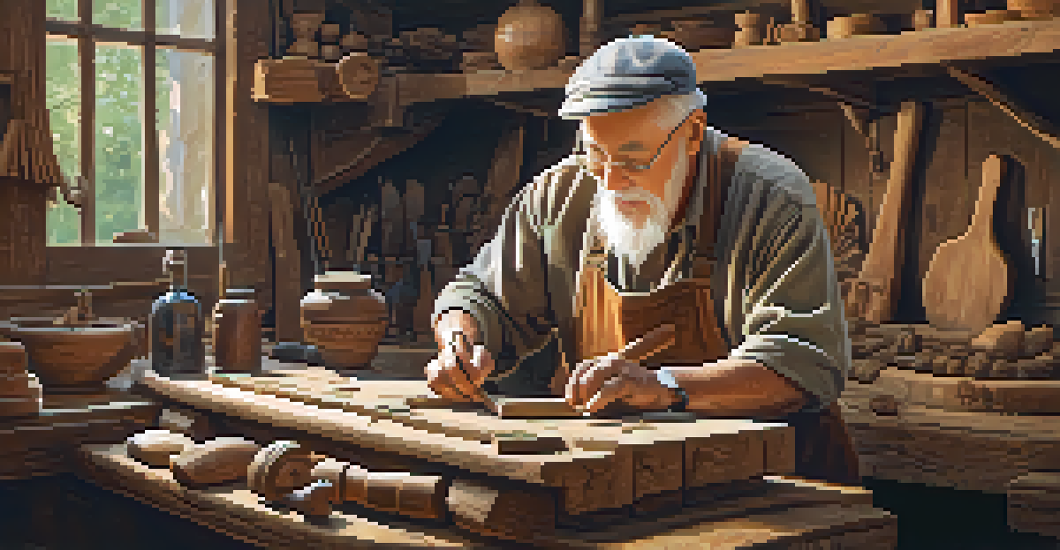 An elderly artisan teaching a child to carve, with a focus on their hands and a backdrop of intricately carved wooden artifacts.