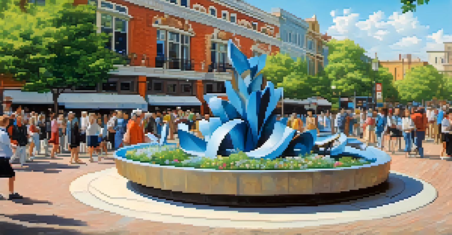 A public sculpture made from recycled materials in a plaza, with people admiring it and vibrant flowers around.