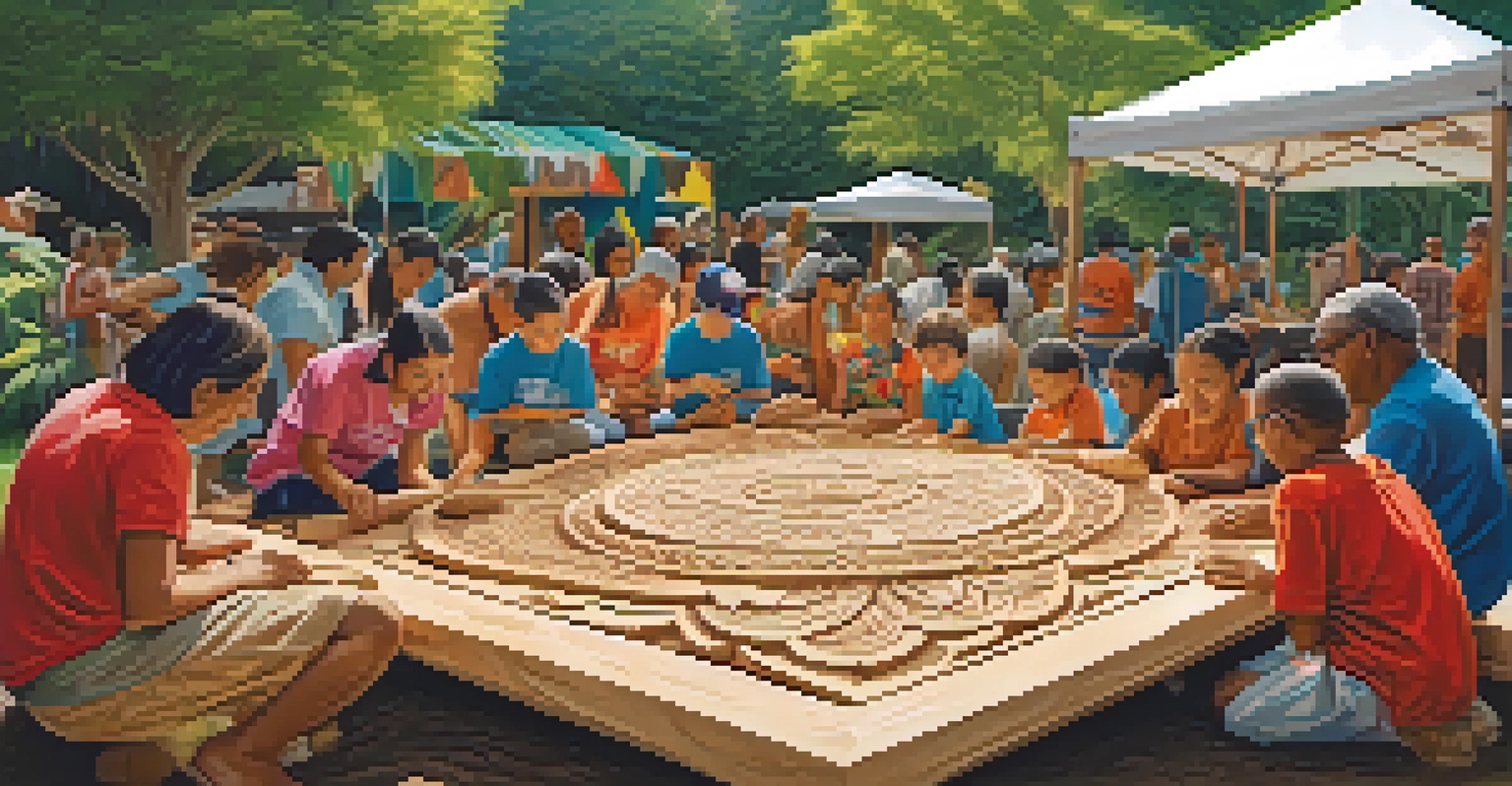 A community gathering with individuals of all ages participating in a carving project outdoors, surrounded by nature.