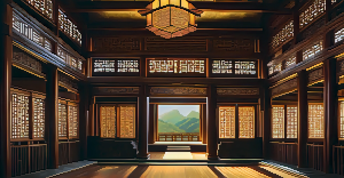A peaceful interior of a Buddhist temple with detailed wooden carvings and warm golden light.
