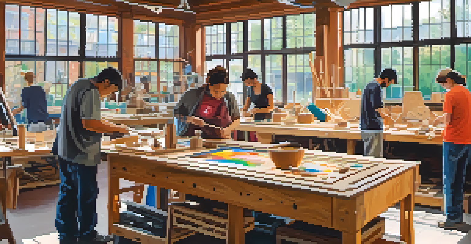 A dynamic community workshop where artisans blend traditional and modern crafting techniques, showcasing colorful materials and finished products.