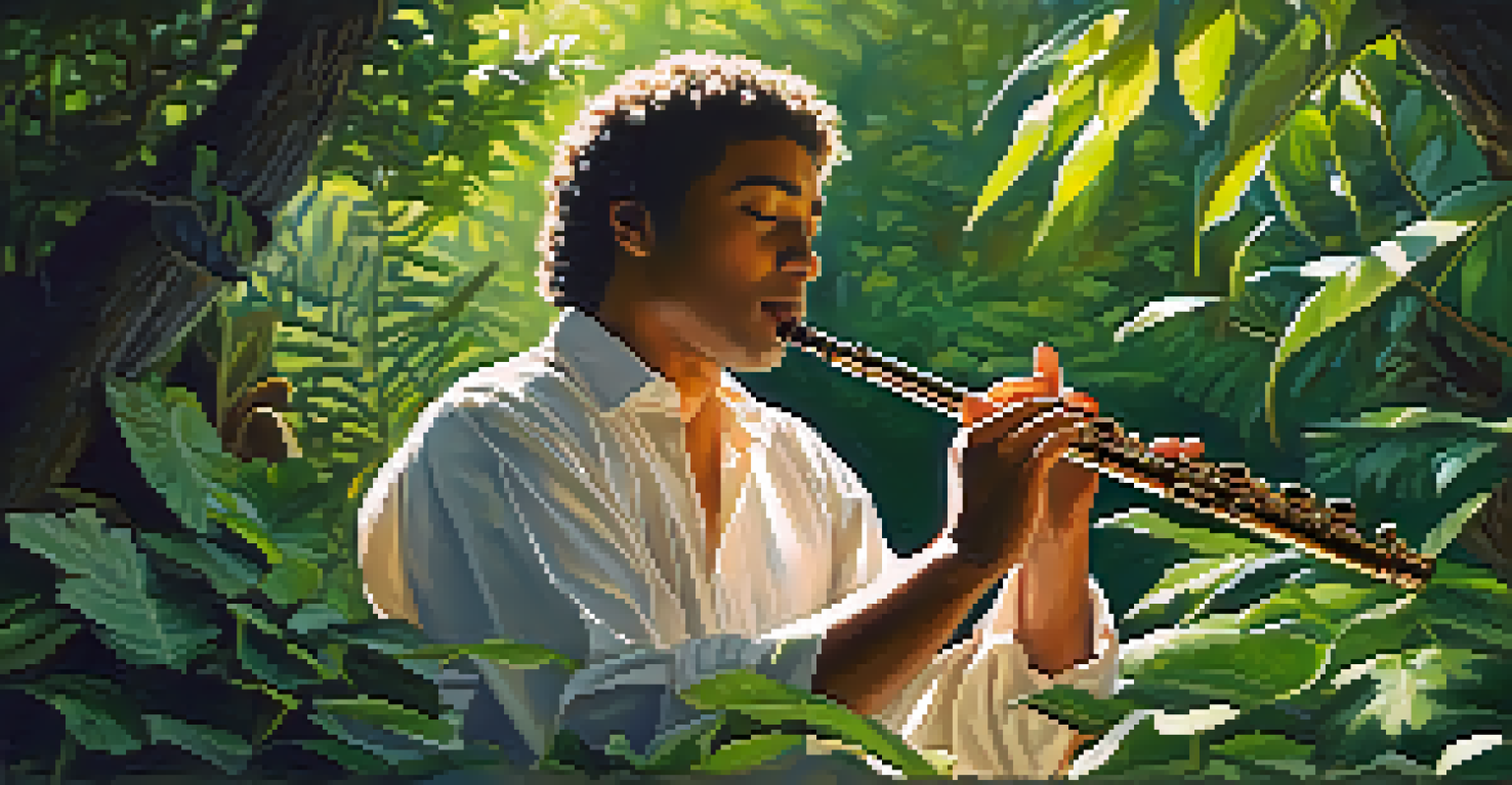 A musician playing a hand-carved wooden flute in a lush outdoor setting with sunlight filtering through the trees.