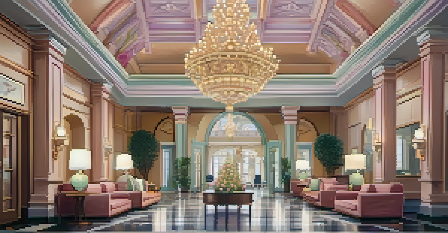 A pastel-colored whimsical hotel lobby with a grand chandelier and intricate details.