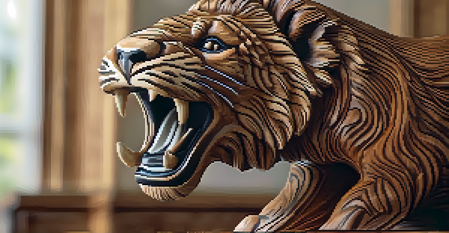 Detailed close-up of a carved sculpture of an endangered animal on a wooden table, with warm lighting.