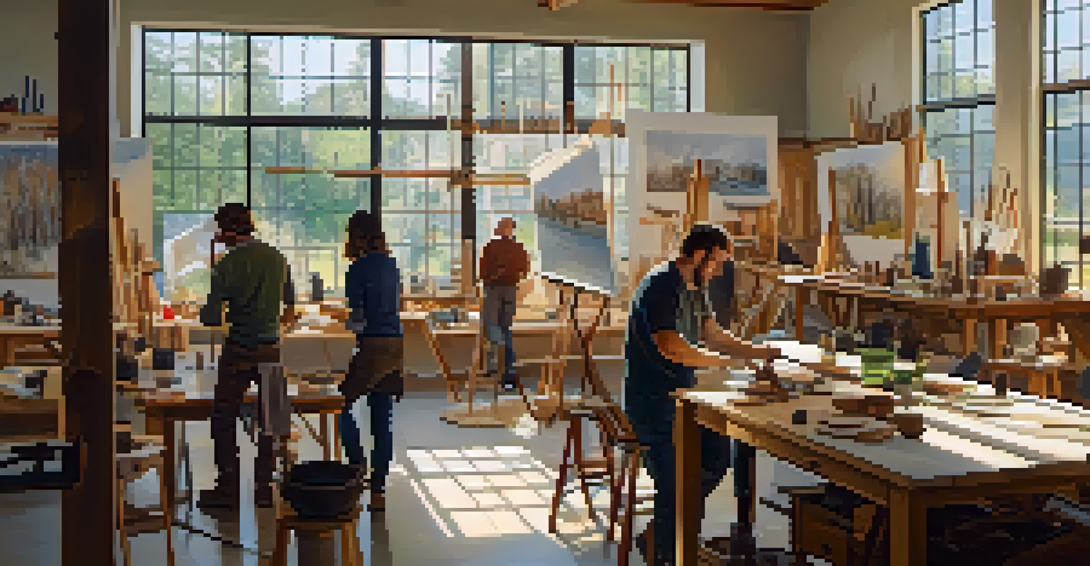 A lively workshop with artists collaborating and experimenting with carving techniques, surrounded by tools and materials.