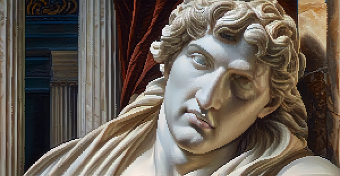 A detailed close-up of an ancient Greek marble sculpture with intricate facial features and drapery, illuminated by soft light against a classical Greek temple backdrop.