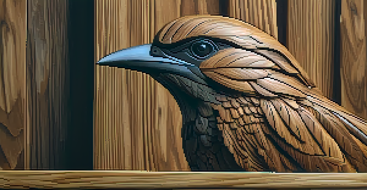 A detailed close-up of a wooden bird carving symbolizing freedom, with intricate feather details and soft lighting.